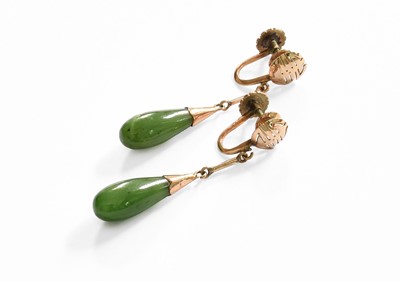 Lot 82 - A Pair of Nephrite Drop Earrings, with screw...