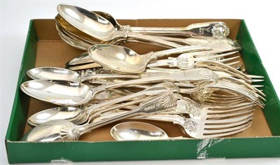 Lot 4 - Fiddle, shell and thread pattern silver flatware comprising: six table forks, London 1829; six...
