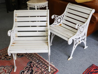 Lot 1128 - A Pair of Painted Cast Iron Garden Seats, each...