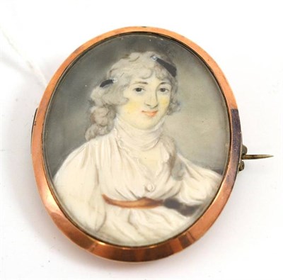 Lot 14 - Portrait miniature of a lady in white dress, her powdered hair in loose curls; plaited hair on...