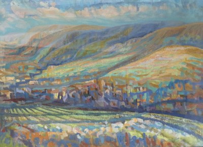 Lot 1039 - Mary Lord (b.1931) Extensive landscape Signed,...