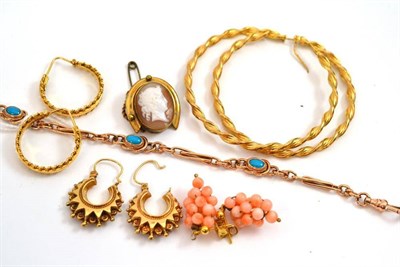 Lot 27 - A turquoise set bracelet, gold and other un-hallmarked earrings etc