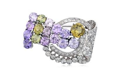 Lot 2242 - A Peridot, Amethyst and Diamond Brooch of...