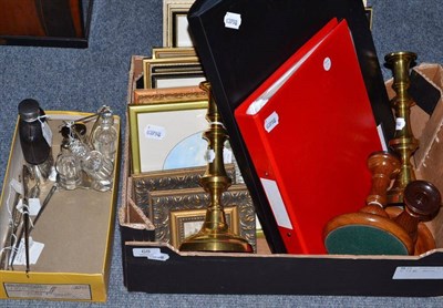 Lot 68 - Pair of brass candlesticks, oak candlesticks, silver button hooks, hip flask, pictures and print