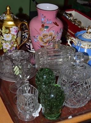 Lot 72 - Two green glass dumps, glass spirit barrel and a quantity of decorative glass