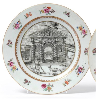 Lot 159 - A Chinese Porcelain Topographical Plate, circa 1753, painted en grisaille with Jacob Bobart...