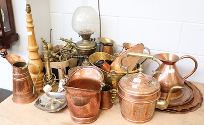Lot 355 - Brass and Copper Wares, including oil lamp,...