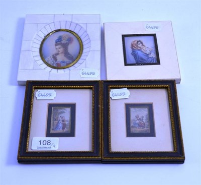 Lot 108 - A pair of Baxter needle box prints - framed, two miniature portraits in piano key ivory frames