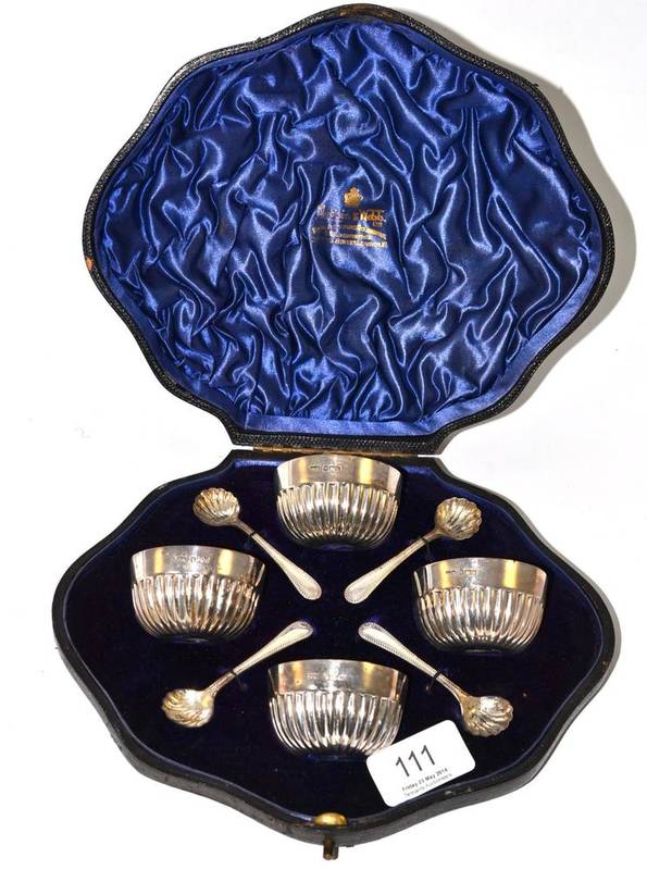 Lot 111 - A cased set of four silver salts, complete with case and spoons, Mappin & Webb, London 1902