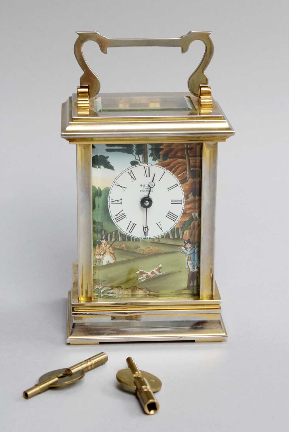 Lot 223 - Halcyon Days Enamels Brass Carriage Timepiece,...