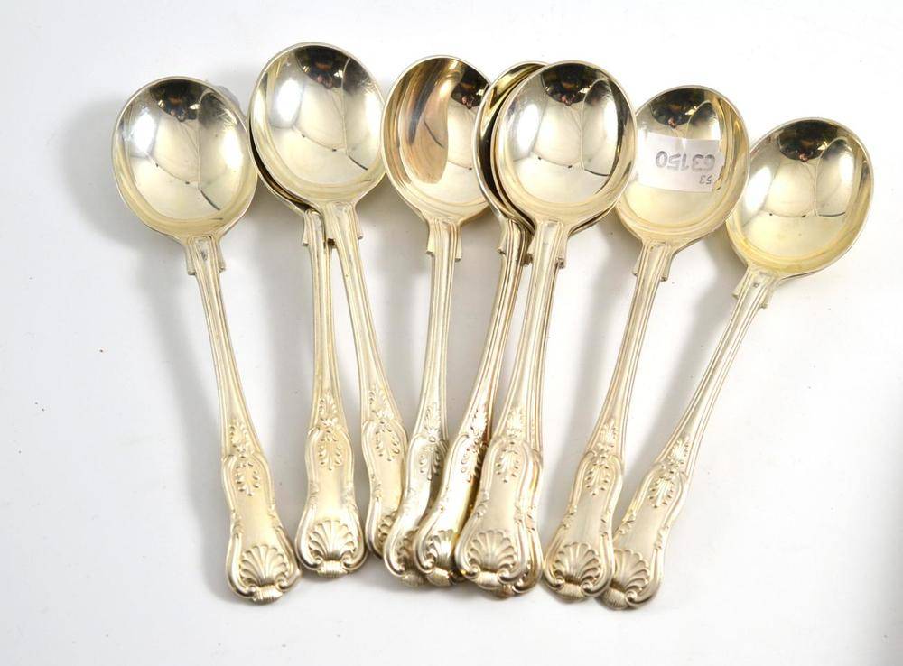 Lot 121 - Eight Kings pattern soup spoons, James Dixon & Sons, Sheffield, date letter not clear