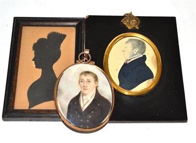 Lot 124 - A 19th century miniature on ivory of Mr R Harling, aged 28, dated 1802, a silhouette and another