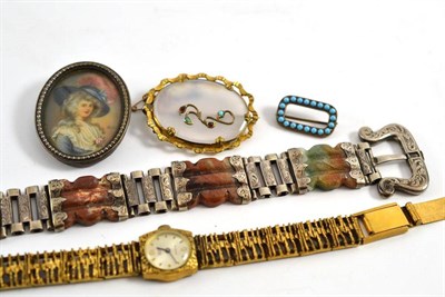 Lot 127 - A Scottish silver and hardstone mounted buckle bracelet, three brooches and a watch