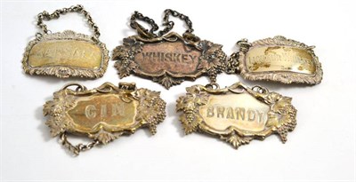 Lot 137 - Two silver wine labels and three plated labels
