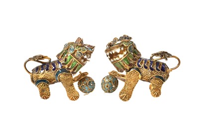 Lot 2079 - A Pair of Chinese Silver Filagree and Enamel Guardian Lions