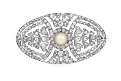 Lot 2232 - A Pearl and Diamond Brooch the oval openwork...