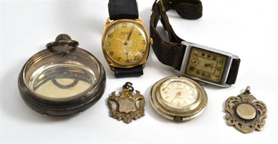 Lot 158 - Silver pocket watch case, two silver fobs, Rotary wristwatch, Medana wristwatch and a modern...