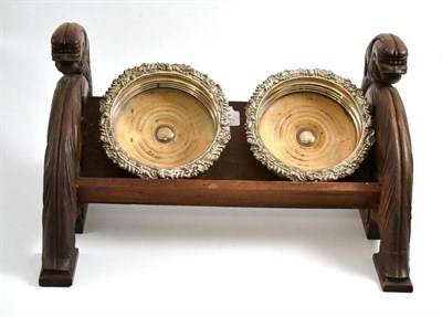 Lot 167 - Pair of old Sheffield plate wine coasters and a carved wooden book trough