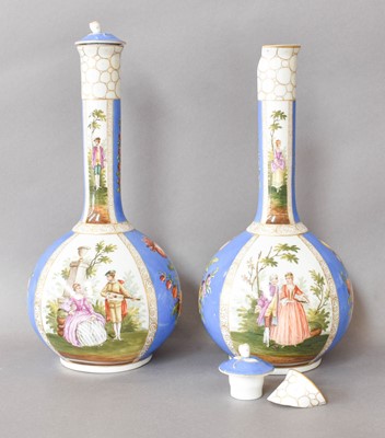 Lot 127 - A Pair of Dresden Bottle Vases and Covers,...