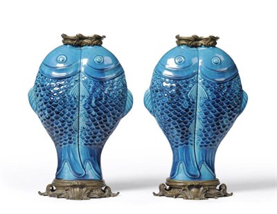 Lot 170 - A Pair of Ormolu Mounted Chinese Turquoise Glazed Porcelain Vases, 19th century, in the form of...