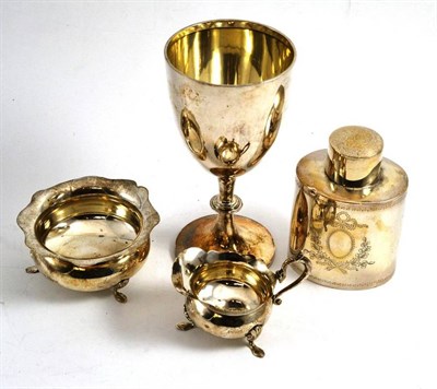 Lot 192 - Silver wine goblet, silver tea canister, London 1894, a milk jug and a sugar bowl