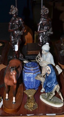 Lot 196 - A Beswick racehorse on wood stand, pair of decorative lamps, Ringtons caddy, brass paper clasp,...