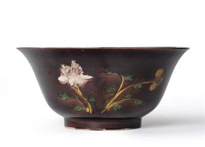 Lot 172 - A Chinese Porcelain Aubergine Ground Bowl, Kangxi, painted in green and yellow enamels and...