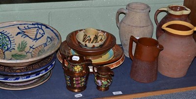 Lot 217 - Tin glazed pottery, earthenware jugs, two copper lustre jugs, stoneware mould etc