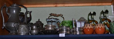 Lot 224 - Plated coasters, pewter tea wares, Victorian water jug, copper kettle, plated entree dishes,...