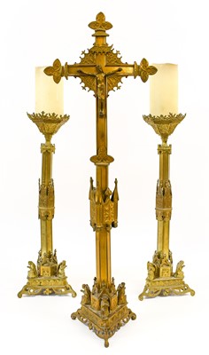 Lot 543 - A Victorian Gilt Metal Three-Piece Altar Set,...