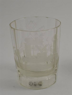 Lot 238 - Glass tumbler engraved with Masonic symbols, with dice set into base