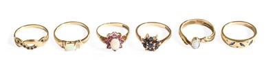 Lot 290 - Six 9 Carat Gold Gem Set Rings, comprising of...