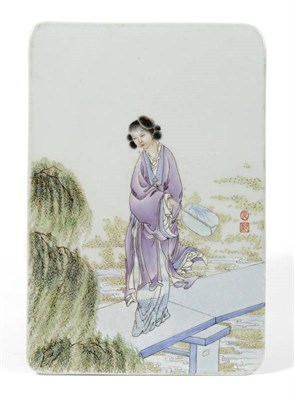 Lot 175 - A Chinese Porcelain Rectangular Plaque, painted in famille rose enamels with a maiden on a...