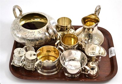 Lot 250 - A silver cream jug and sugar bowl, a three piece cruet, a collection of silver plate