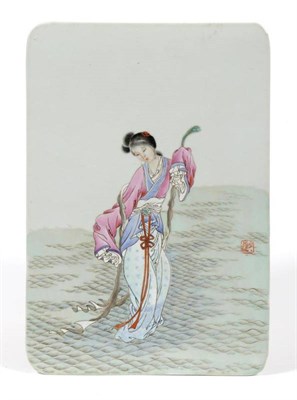 Lot 176 - A Chinese Porcelain Rectangular Plaque, painted in famille rose enamels with a maiden holding...