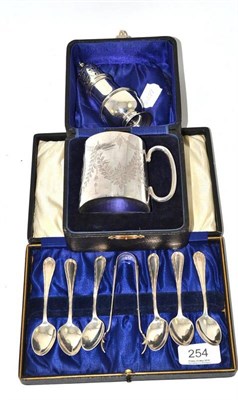 Lot 254 - Victorian silver Christening mug (cased), a set of six silver teaspoons and tongs (cased) and a...
