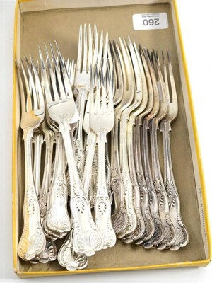 Lot 260 - Kings pattern flatware comprising twelve table forks and eleven side forks, Henry Atkin,...