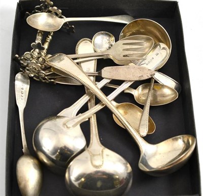 Lot 268 - Flatware, two sauce ladles, pair of plated knife rests, various tea and coffee spoons, etc