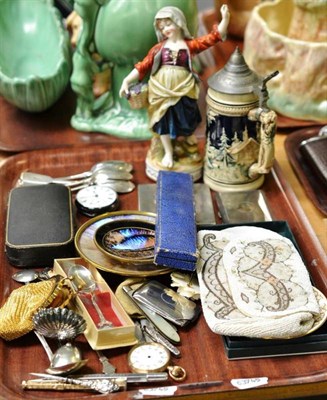 Lot 274 - A mixed lot including assorted silver teaspoons, two silver cigarette cases, a baby push,...