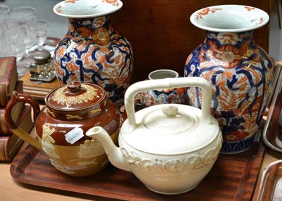 Lot 276 - A pair of Japanese Imari vases, a smaller Imari vase, four piece of Doulton stoneware, a...