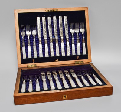Lot 43 - A Cased Set of Silver and Silver Plate Mounted...