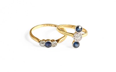 Lot 326 - Two Sapphire and Diamond Three Stone Rings,...