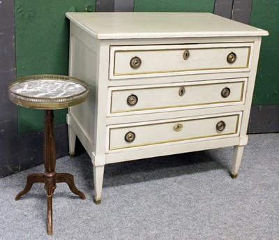 Lot 1197 - A Parcel Gilt Grey Painted Three Heilght Chest...