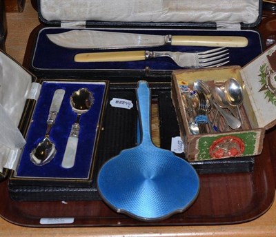 Lot 287 - A collection of silver, including assorted teaspoons and enamelled backed hand mirror and comb, tea