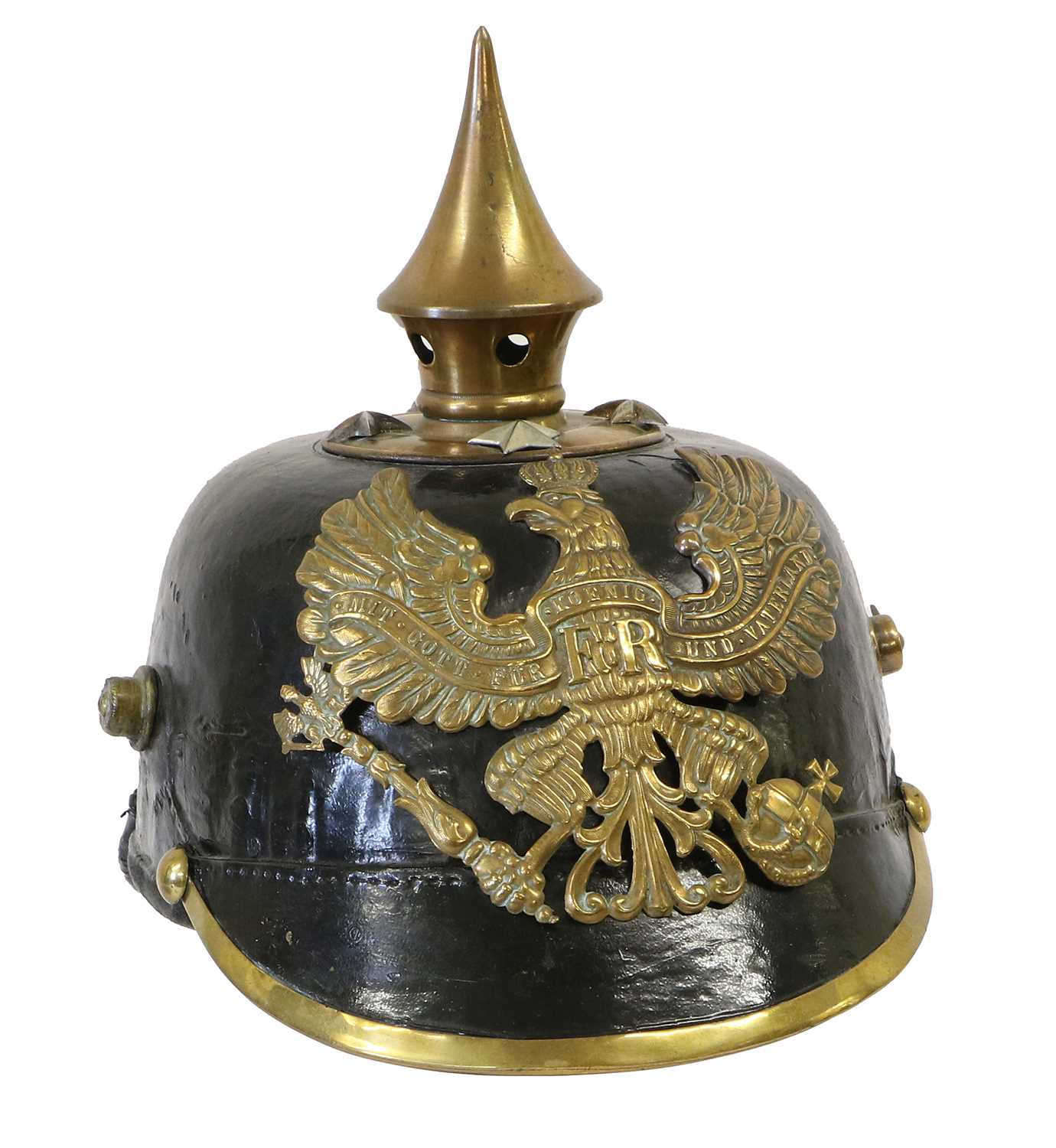 Lot 164 - A Prussian EM's Pickelhaube, with black patent...