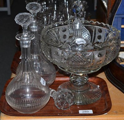 Lot 289 - Cut glass pedestal bowl, three decanters and oil bottle with stopper