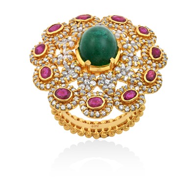 Lot 2119 - A Diamond, Ruby and Emerald Cluster Ring the...