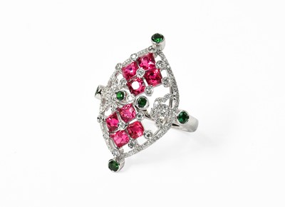 Lot 286 - A Diamond, Synthetic Ruby and Green Garnet...