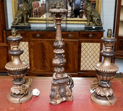 Lot 1329 - A Pair of Carved Wood Lamps, with one other (3)