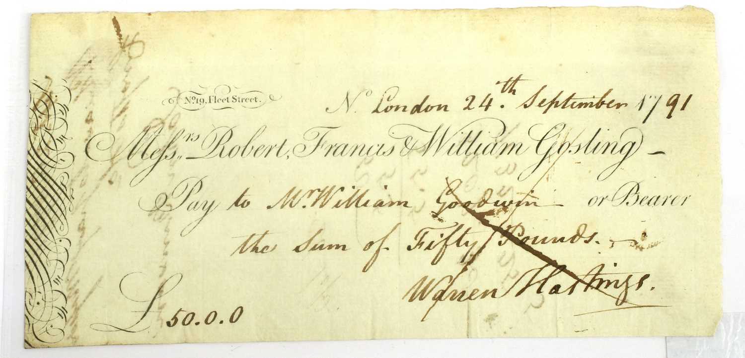 Lot 456 - Warren Hastings, Goslings Bank Cheque 1791,...